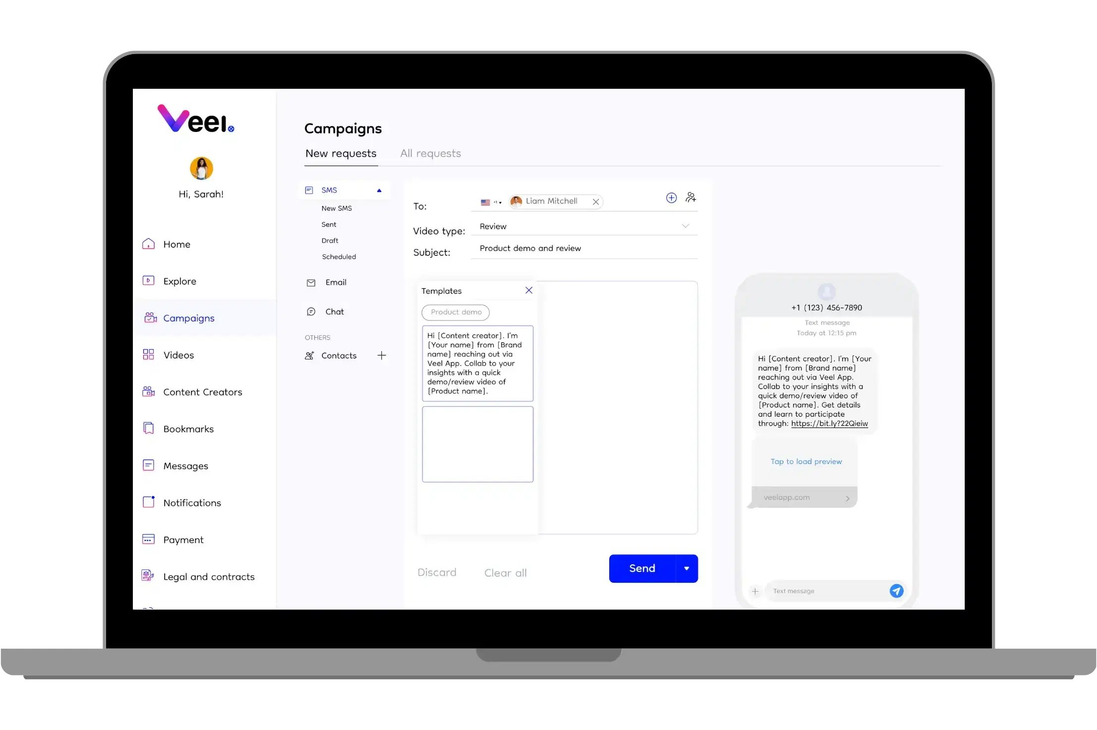 SMS template in Veel App